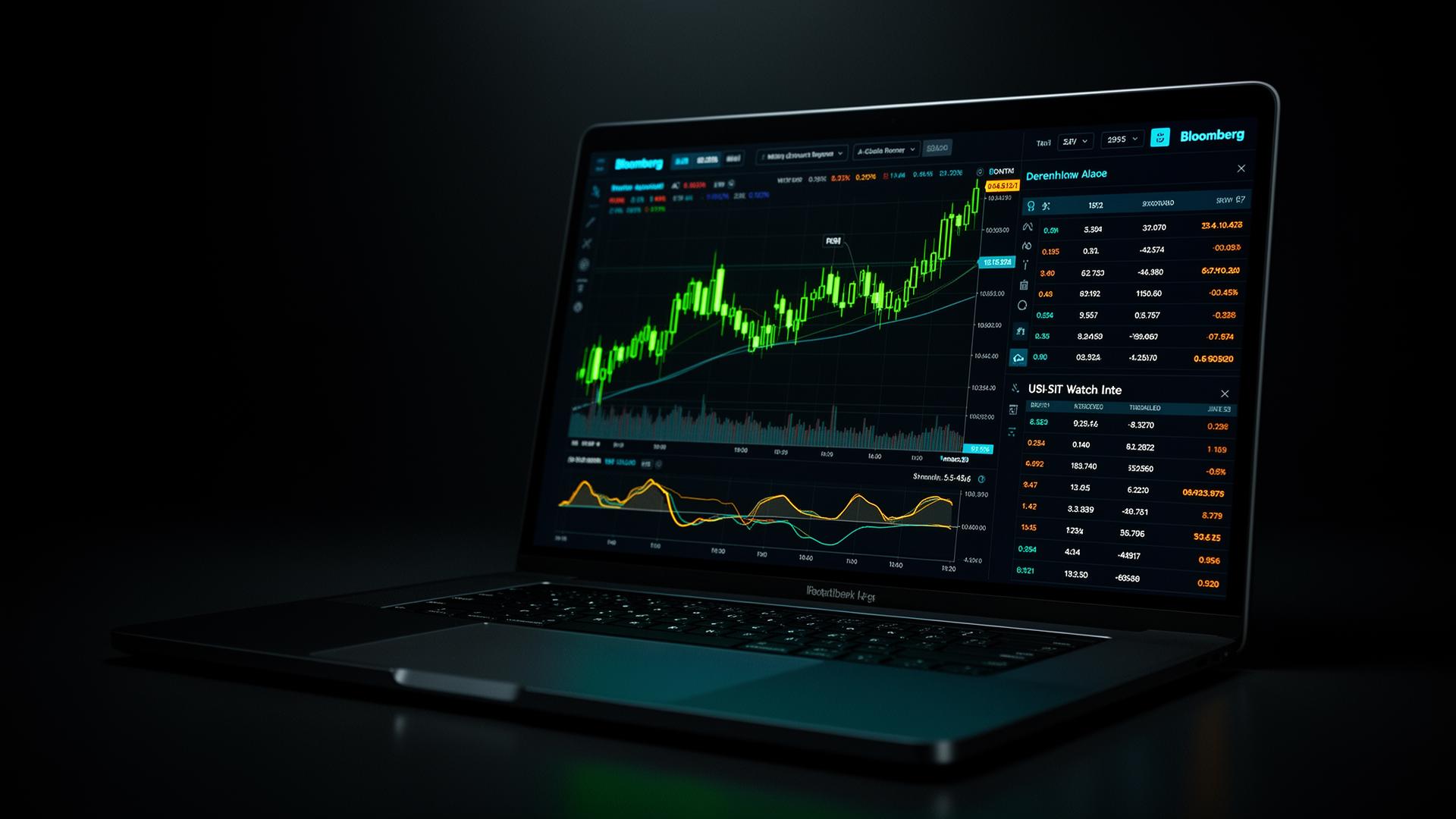 Stock Trades App terminal with live candlestick chart, indicators, and watchlist